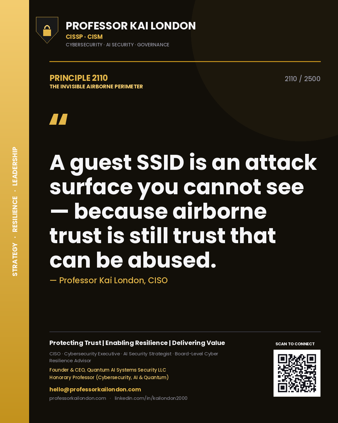 Quote card by Professor Kai London reading 'A guest SSID is an attack surface you cannot see — because airborne trust is still trust that can be abused.'. From the book The Invisible Airborne Perimeter.