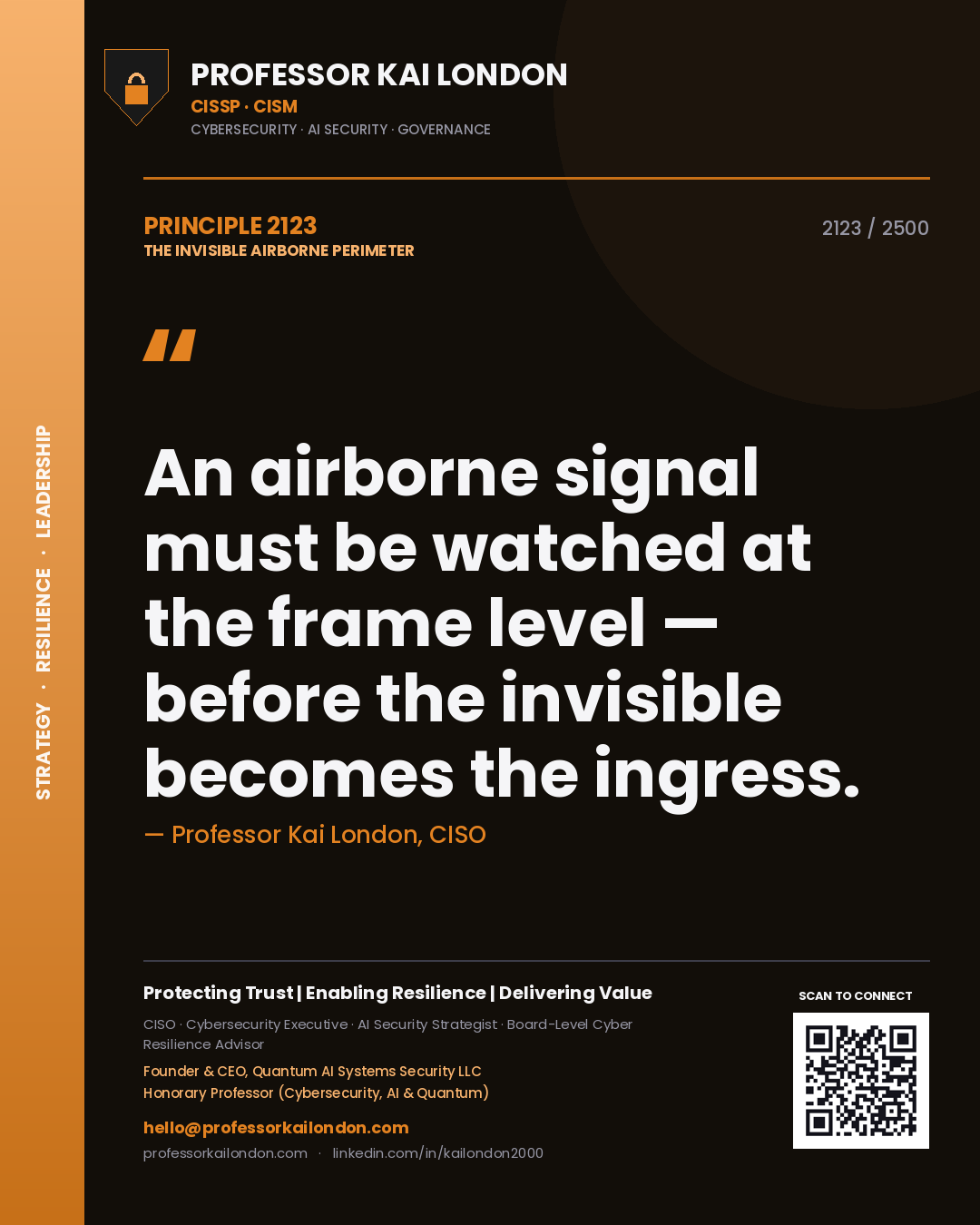 Quote card by Professor Kai London reading 'An airborne signal must be watched at the frame level — before the invisible becomes the ingress.'. From the book The Invisible Airborne Perimeter.