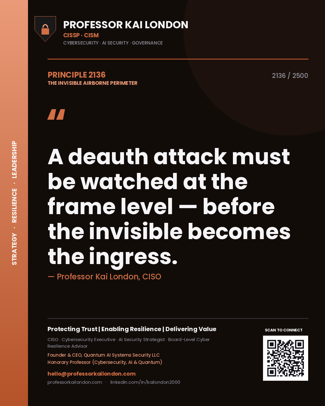 Quote card by Professor Kai London reading 'A deauth attack must be watched at the frame level — before the invisible becomes the ingress.'. From the book The Invisible Airborne Perimeter.