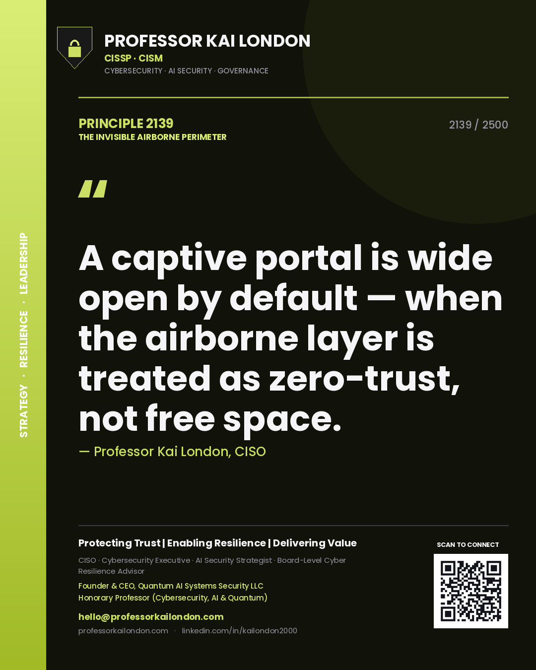 Quote card by Professor Kai London reading 'A captive portal is wide open by default — when the airborne layer is treated as zero-trust, not free space.'. From the book The Invisible Airborne Perimeter.