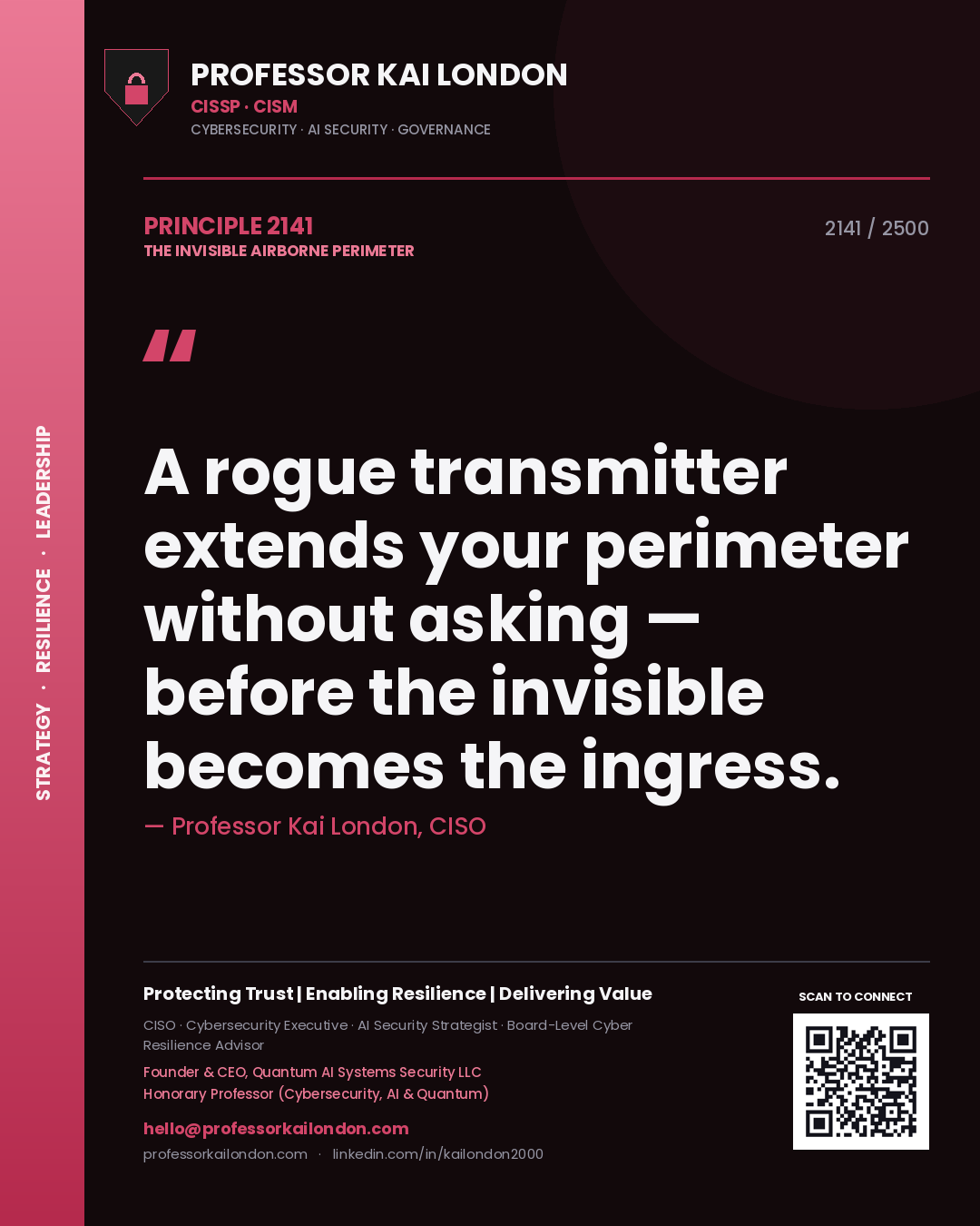 Quote card by Professor Kai London reading 'A rogue transmitter extends your perimeter without asking — before the invisible becomes the ingress.'. From the book The Invisible Airborne Perimeter.