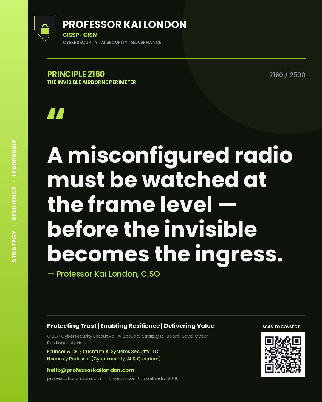 Quote card by Professor Kai London reading 'A misconfigured radio must be watched at the frame level — before the invisible becomes the ingress.'. From the book The Invisible Airborne Perimeter.