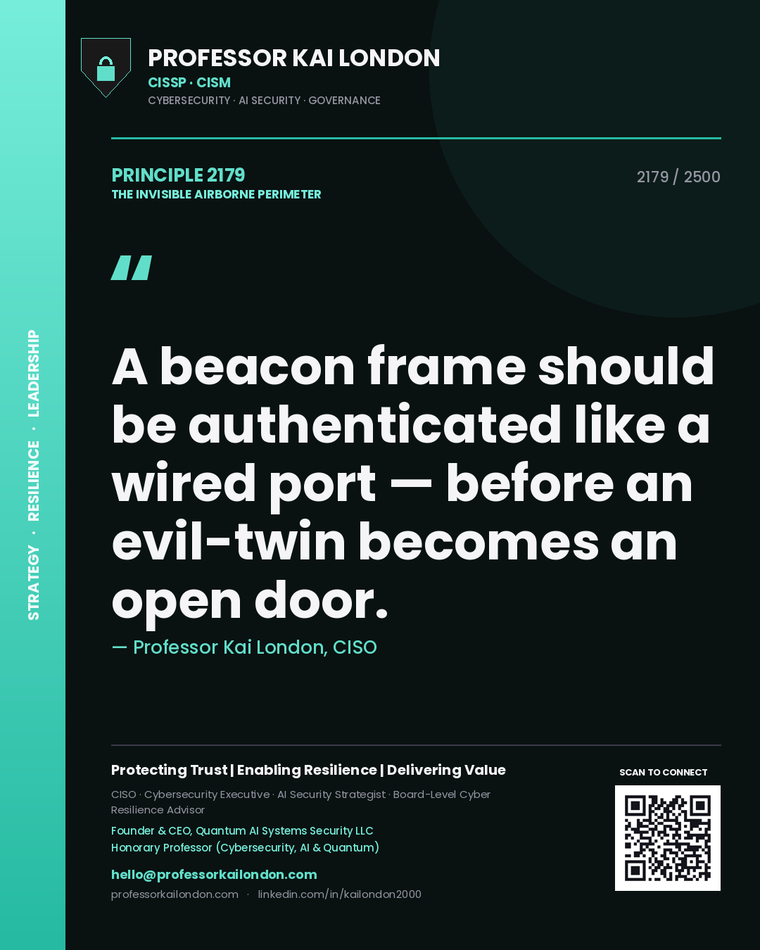 Quote card by Professor Kai London reading 'A beacon frame should be authenticated like a wired port — before an evil-twin becomes an open door.'. From the book The Invisible Airborne Perimeter.