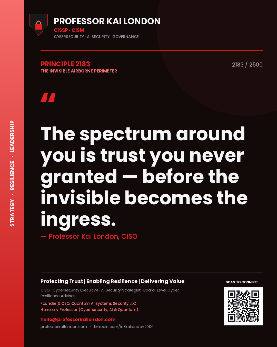 Quote card by Professor Kai London reading 'The spectrum around you is trust you never granted — before the invisible becomes the ingress.'. From the book The Invisible Airborne Perimeter.