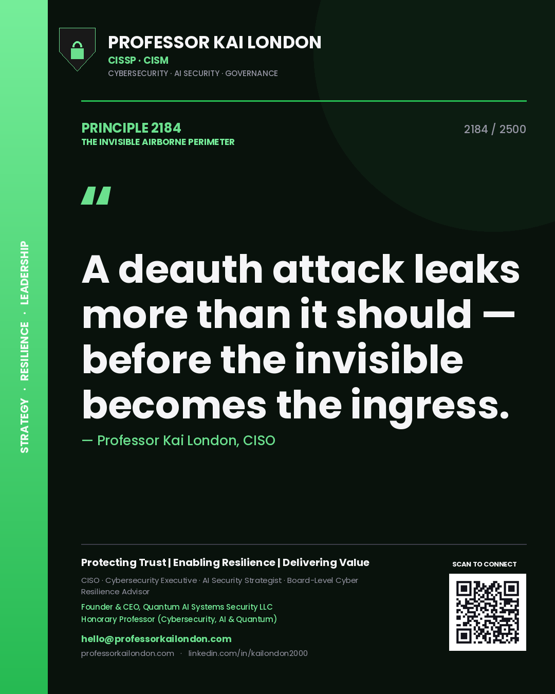 Quote card by Professor Kai London reading 'A deauth attack leaks more than it should — before the invisible becomes the ingress.'. From the book The Invisible Airborne Perimeter.