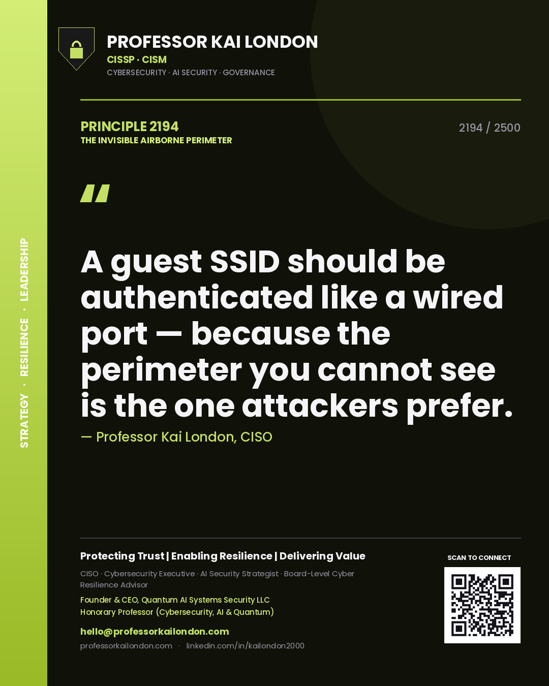 Quote card by Professor Kai London reading 'A guest SSID should be authenticated like a wired port — because the perimeter you cannot see is the one attackers prefer.'. From the book The Invisible Airborne Perimeter.