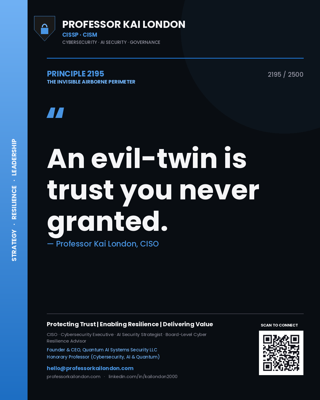 Quote card by Professor Kai London reading 'An evil-twin is trust you never granted.'. From the book The Invisible Airborne Perimeter.