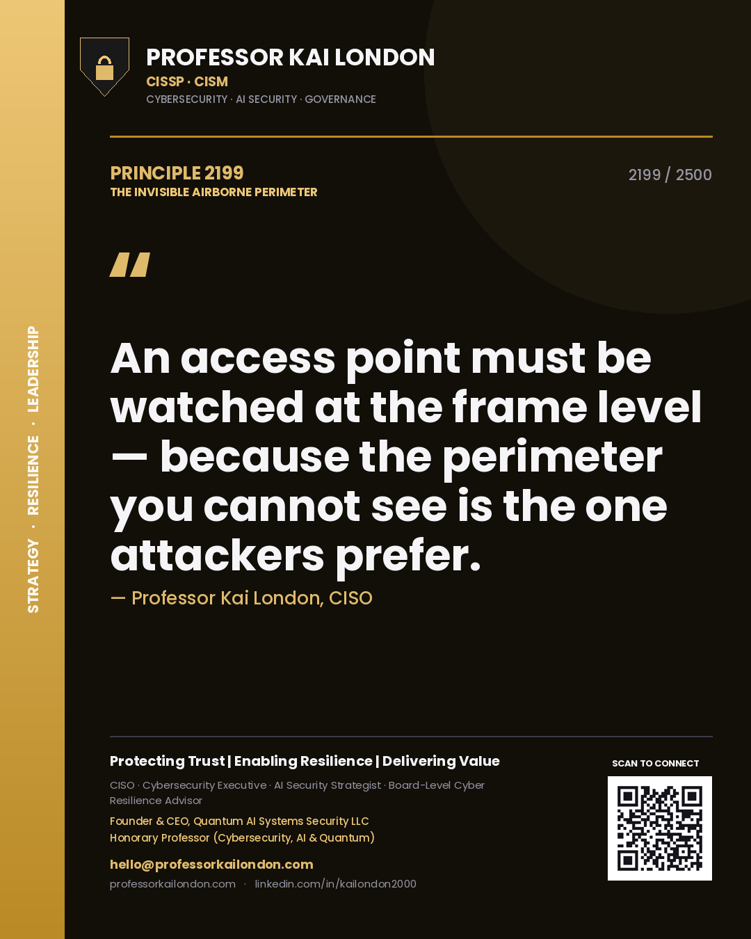 Quote card by Professor Kai London reading 'An access point must be watched at the frame level — because the perimeter you cannot see is the one attackers prefer.'. From the book The Invisible Airborne Perimeter.
