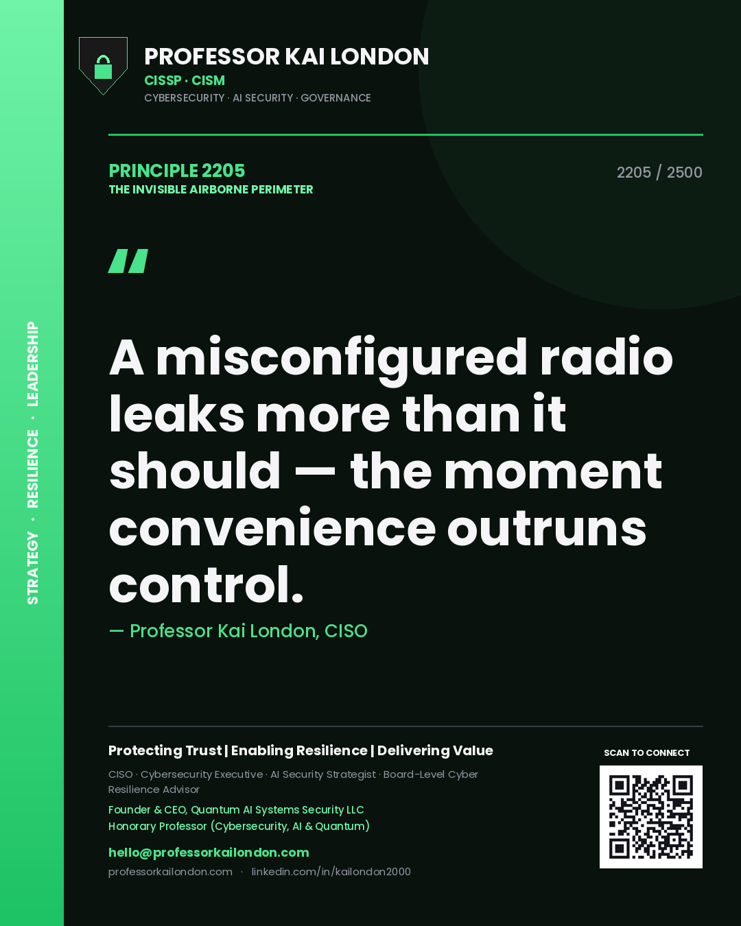 Quote card by Professor Kai London reading 'A misconfigured radio leaks more than it should — the moment convenience outruns control.'. From the book The Invisible Airborne Perimeter.