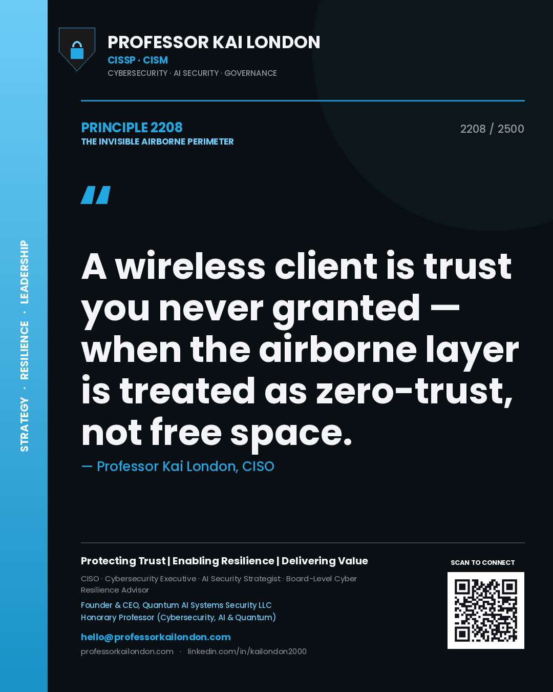 Quote card by Professor Kai London reading 'A wireless client is trust you never granted — when the airborne layer is treated as zero-trust, not free space.'. From the book The Invisible Airborne Perimeter.