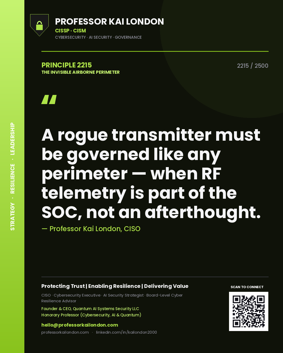 Quote card by Professor Kai London reading 'A rogue transmitter must be governed like any perimeter — when RF telemetry is part of the SOC, not an afterthought.'. From the book The Invisible Airborne Perimeter.