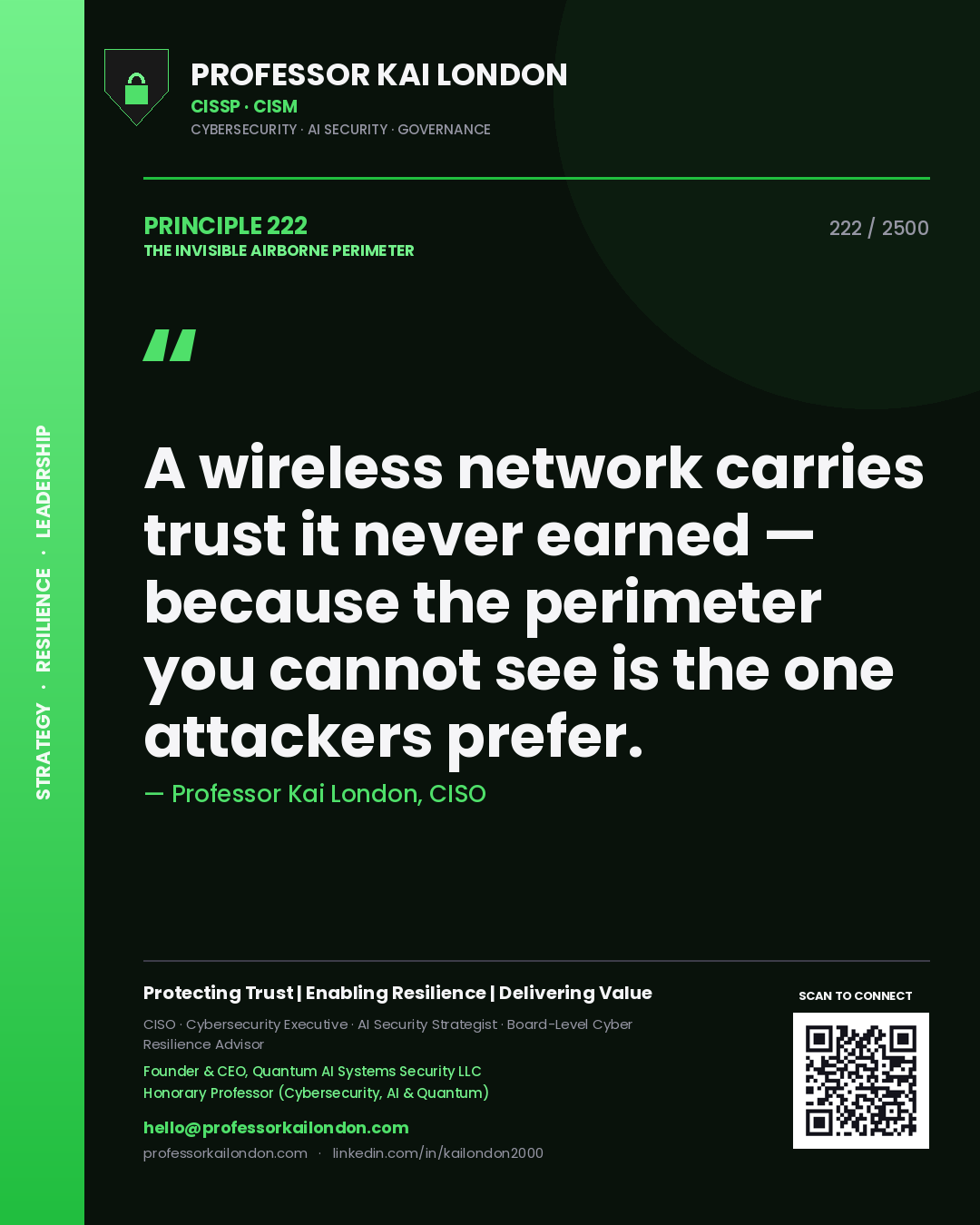 Professor Kai London principle 222: A wireless network carries trust it never earned — because the perimeter you cannot see is the one attackers prefer.