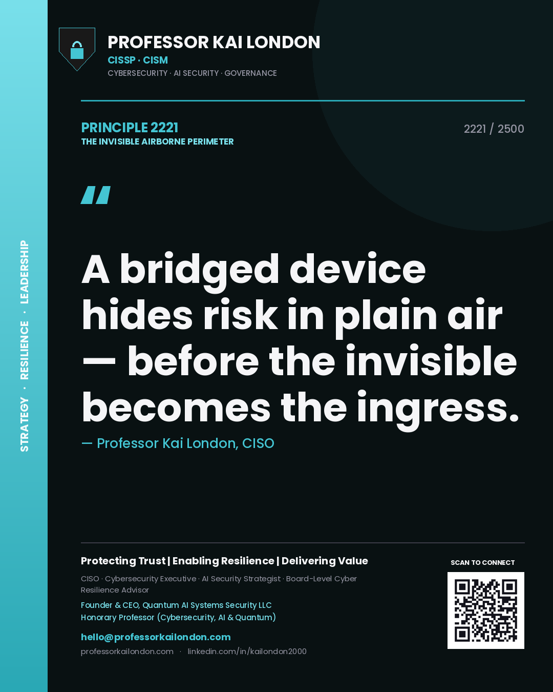 Quote card by Professor Kai London reading 'A bridged device hides risk in plain air — before the invisible becomes the ingress.'. From the book The Invisible Airborne Perimeter.