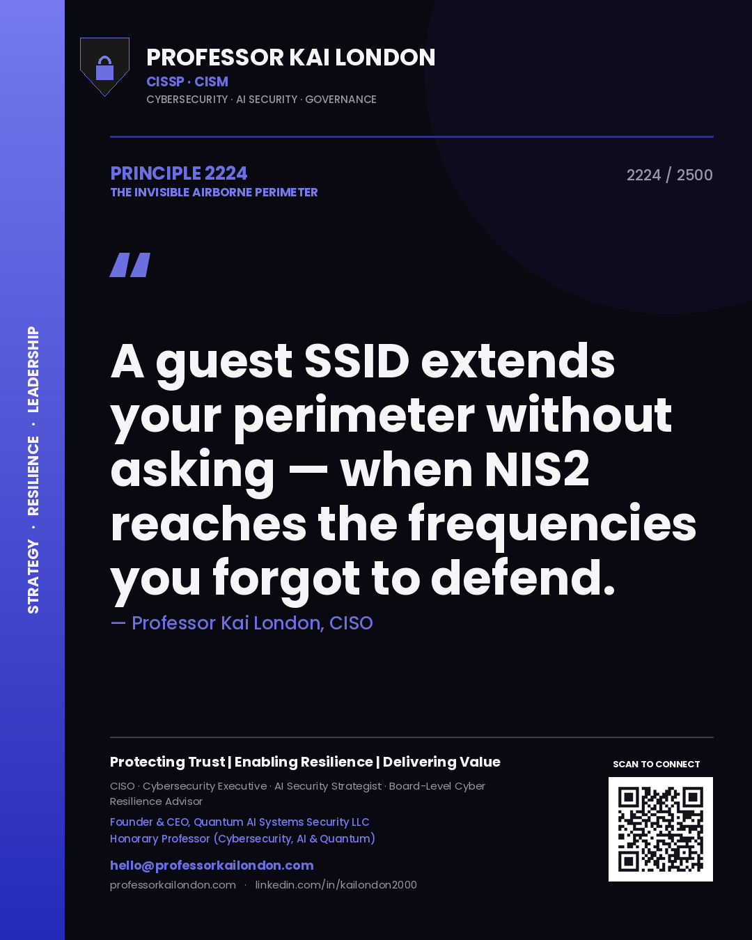 Quote card by Professor Kai London reading 'A guest SSID extends your perimeter without asking — when NIS2 reaches the frequencies you forgot to defend.'. From the book The Invisible Airborne Perimeter.