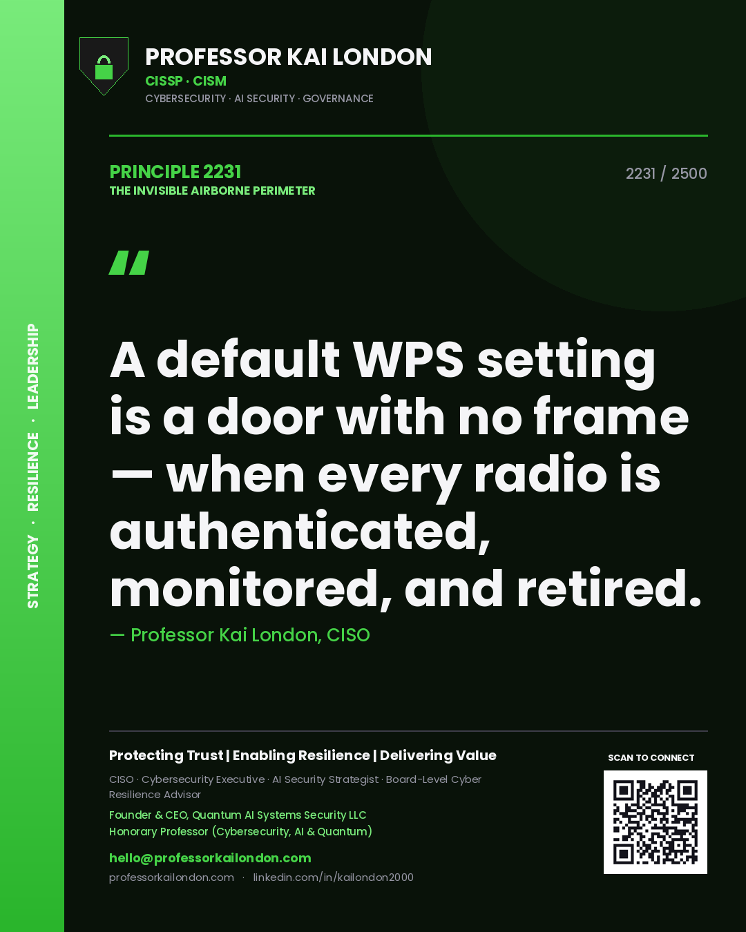 Quote card by Professor Kai London reading 'A default WPS setting is a door with no frame — when every radio is authenticated, monitored, and retired.'. From the book The Invisible Airborne Perimeter.