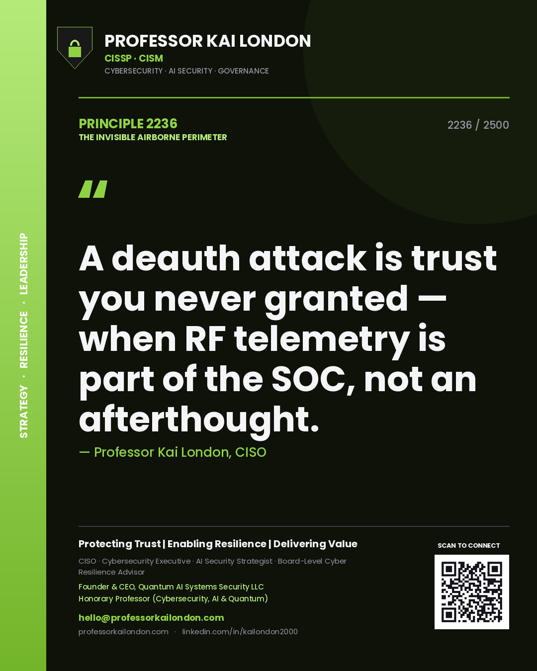 Quote card by Professor Kai London reading 'A deauth attack is trust you never granted — when RF telemetry is part of the SOC, not an afterthought.'. From the book The Invisible Airborne Perimeter.