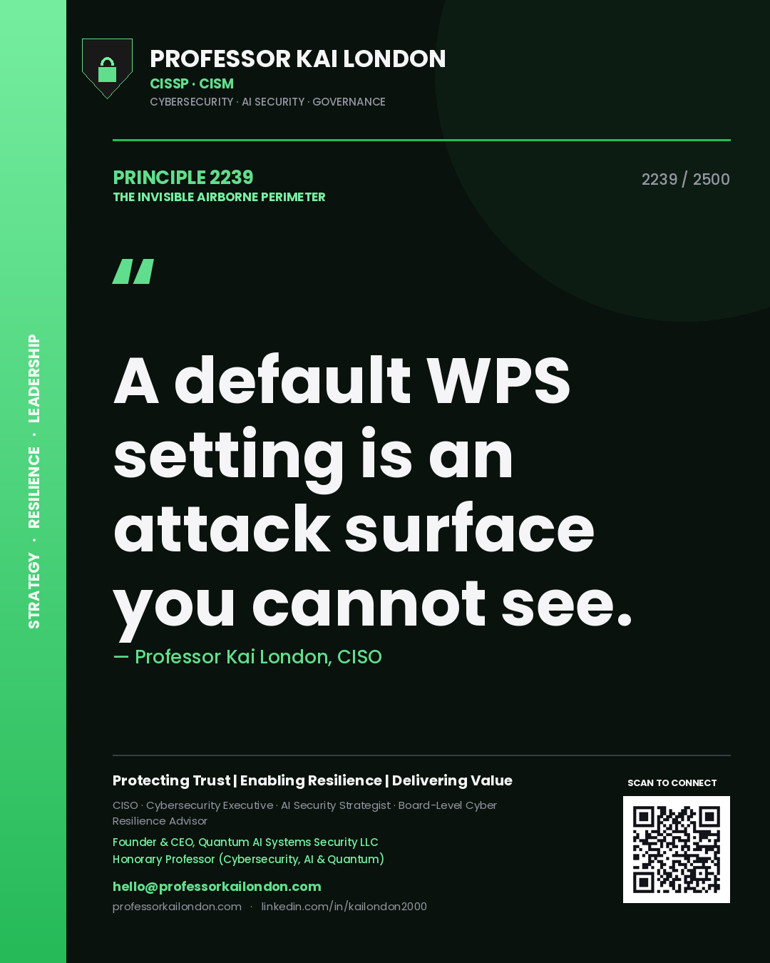 Quote card by Professor Kai London reading 'A default WPS setting is an attack surface you cannot see.'. From the book The Invisible Airborne Perimeter.