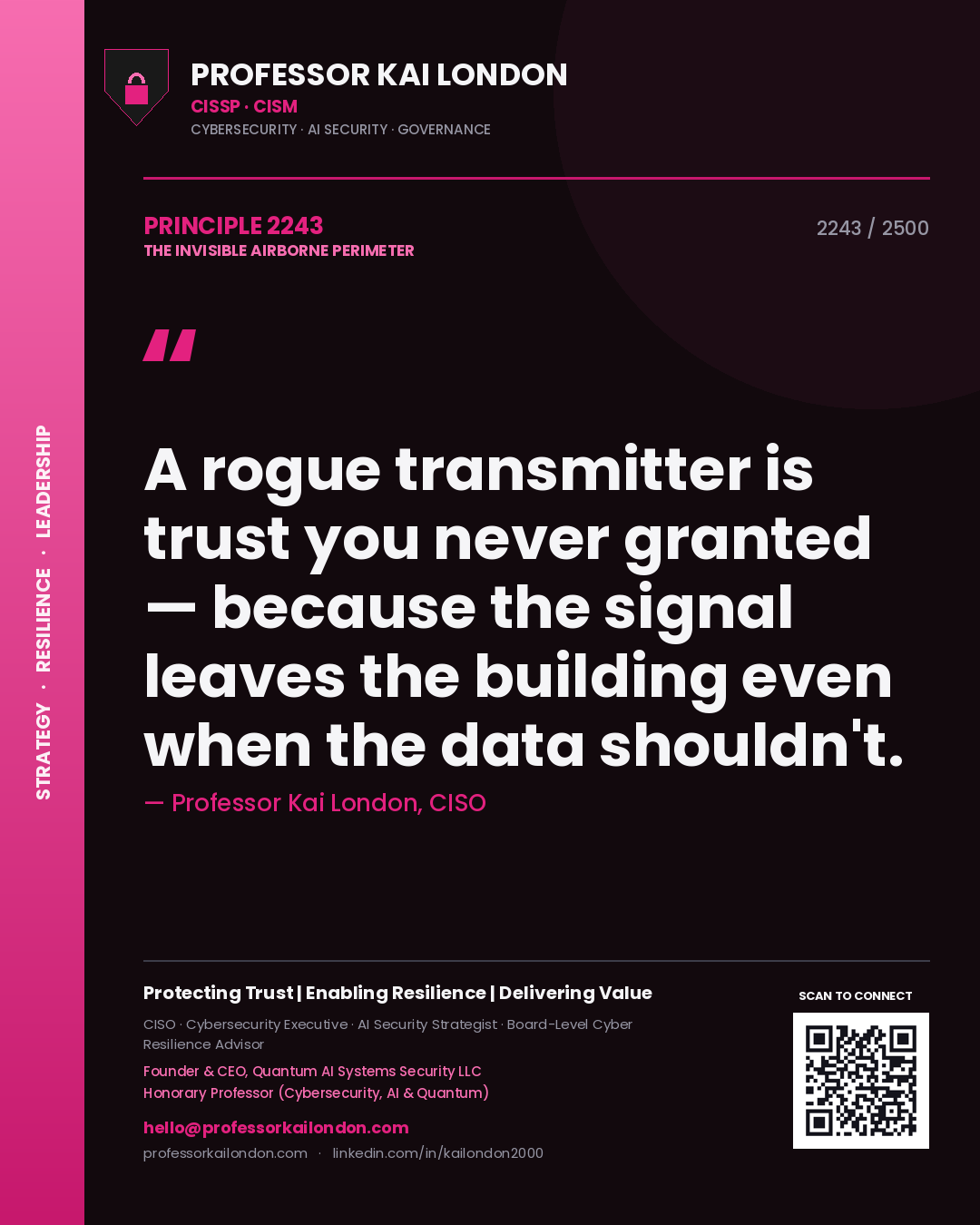 Quote card by Professor Kai London reading 'A rogue transmitter is trust you never granted — because the signal leaves the building even when the data shouldn't.'. From the book The Invisible Airborne Perimeter.