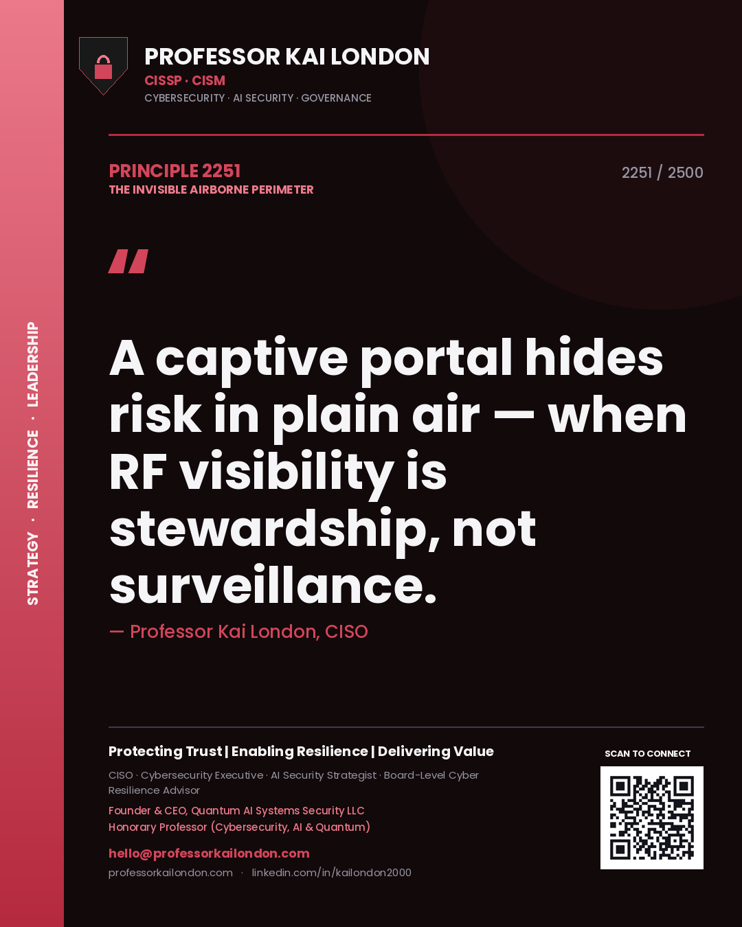 Quote card by Professor Kai London reading 'A captive portal hides risk in plain air — when RF visibility is stewardship, not surveillance.'. From the book The Invisible Airborne Perimeter.