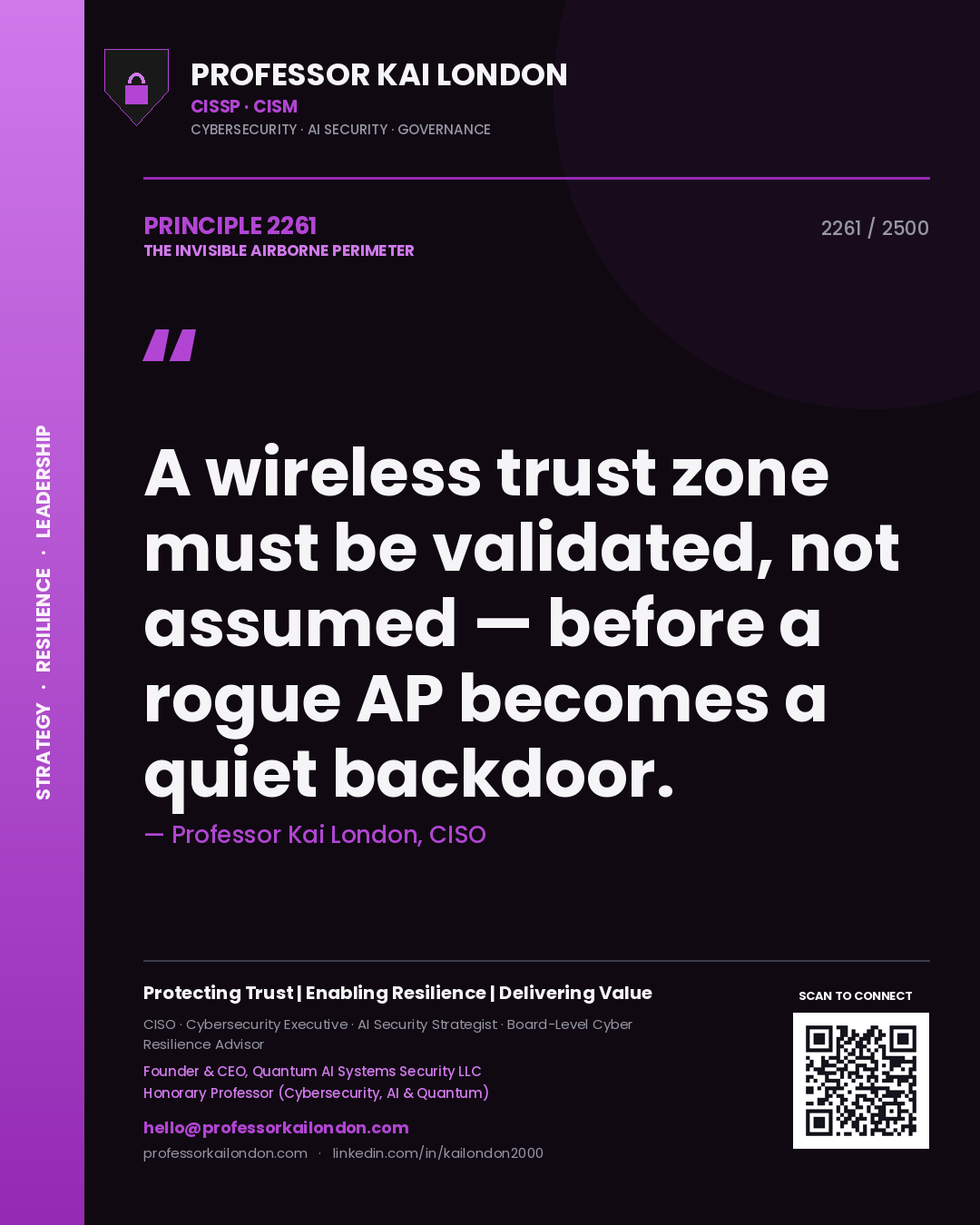 Quote card by Professor Kai London reading 'A wireless trust zone must be validated, not assumed — before a rogue AP becomes a quiet backdoor.'. From the book The Invisible Airborne Perimeter.