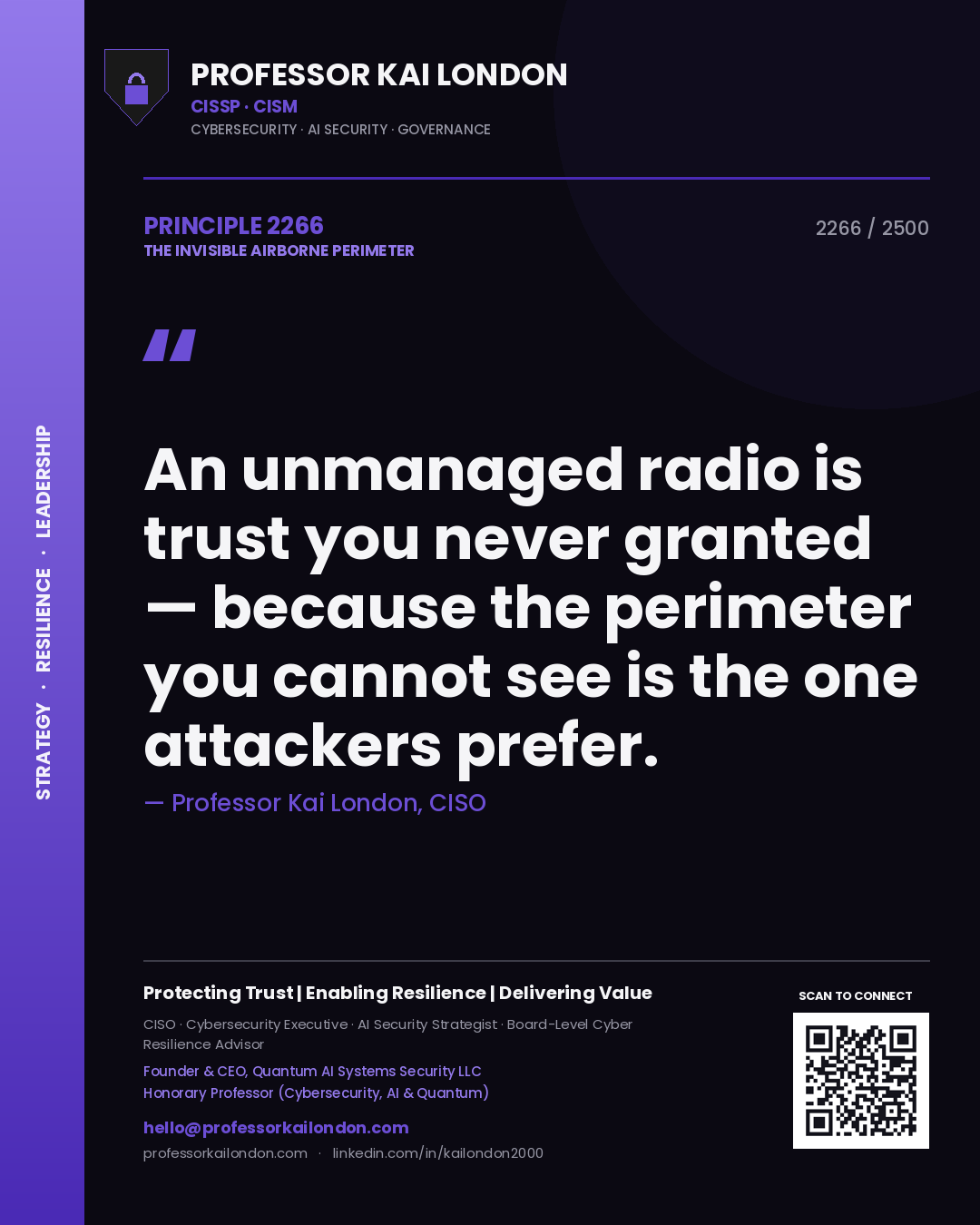 Quote card by Professor Kai London reading 'An unmanaged radio is trust you never granted — because the perimeter you cannot see is the one attackers prefer.'. From the book The Invisible Airborne Perimeter.