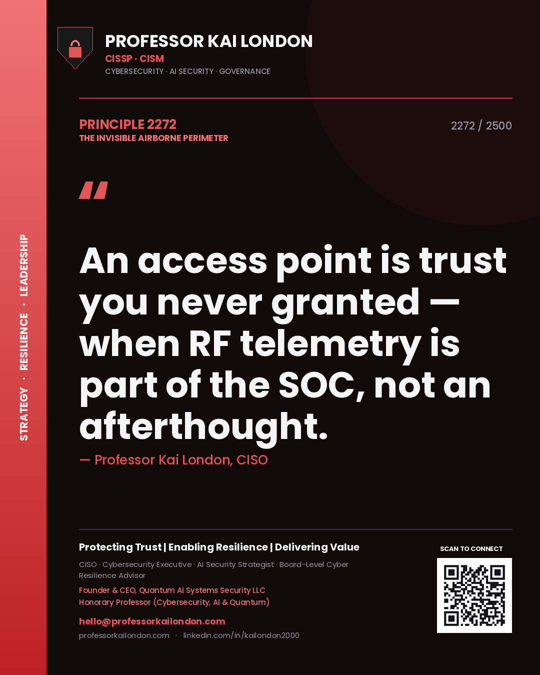 Quote card by Professor Kai London reading 'An access point is trust you never granted — when RF telemetry is part of the SOC, not an afterthought.'. From the book The Invisible Airborne Perimeter.