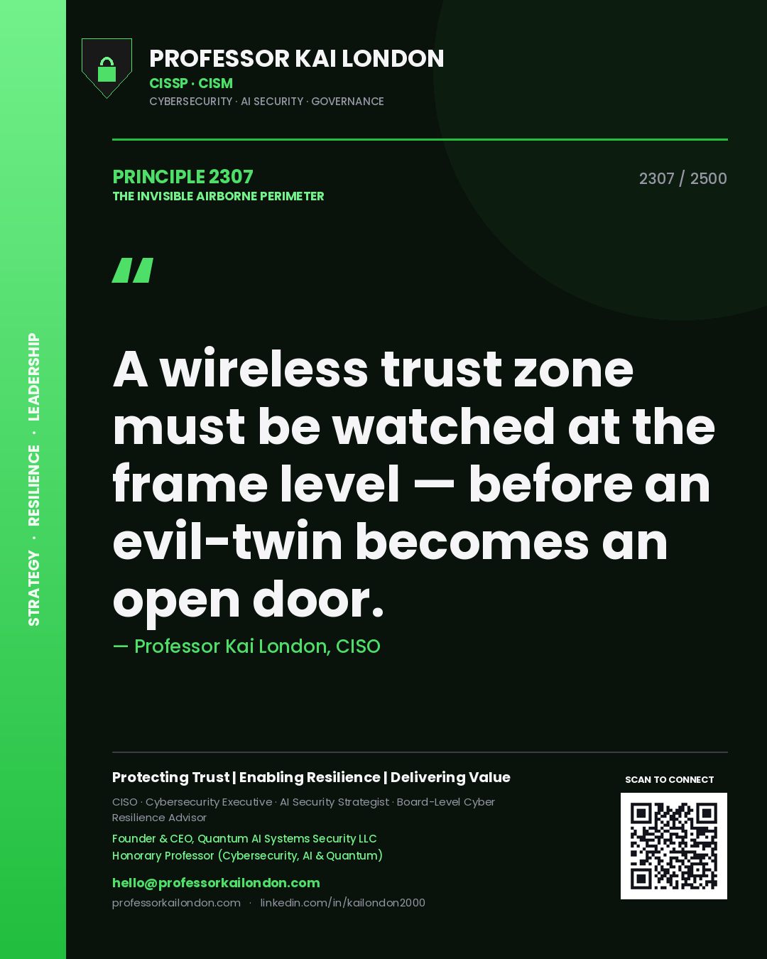 Professor Kai London principle 2307: A wireless trust zone must be watched at the frame level — before an evil-twin becomes an open door.