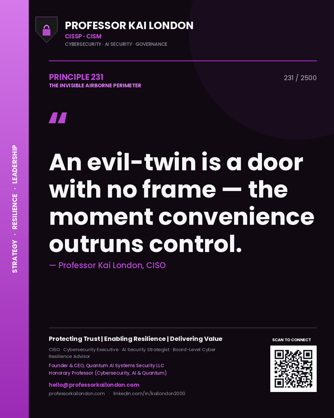 Professor Kai London principle 231: An evil-twin is a door with no frame — the moment convenience outruns control.