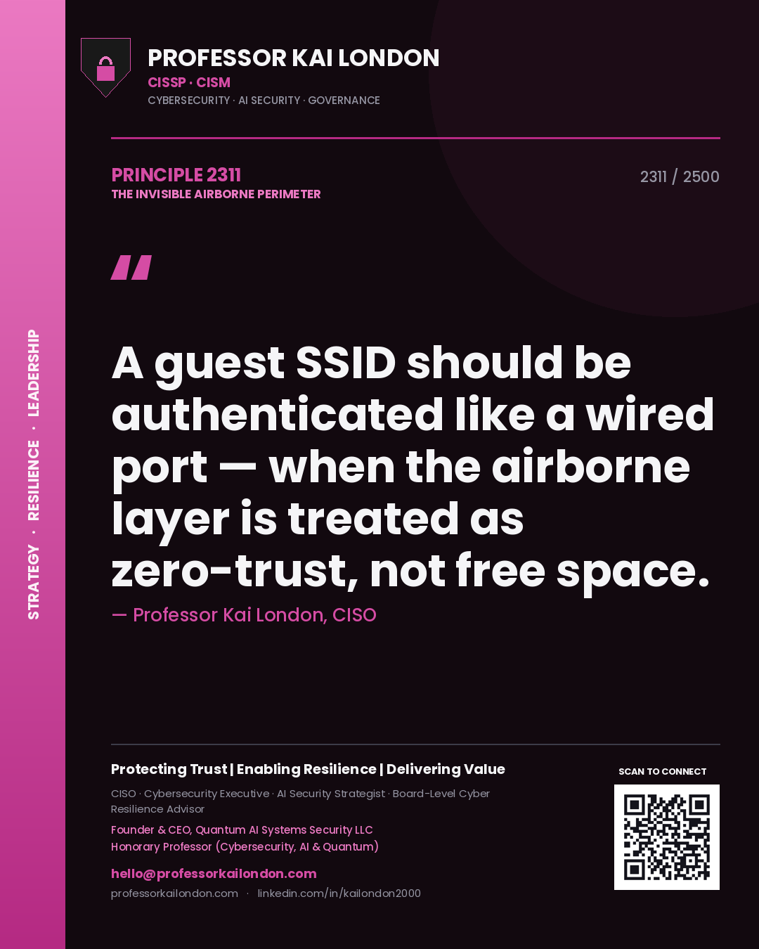 Quote card by Professor Kai London reading 'A guest SSID should be authenticated like a wired port — when the airborne layer is treated as zero-trust, not free space.'. From the book The Invisible Airborne Perimeter.