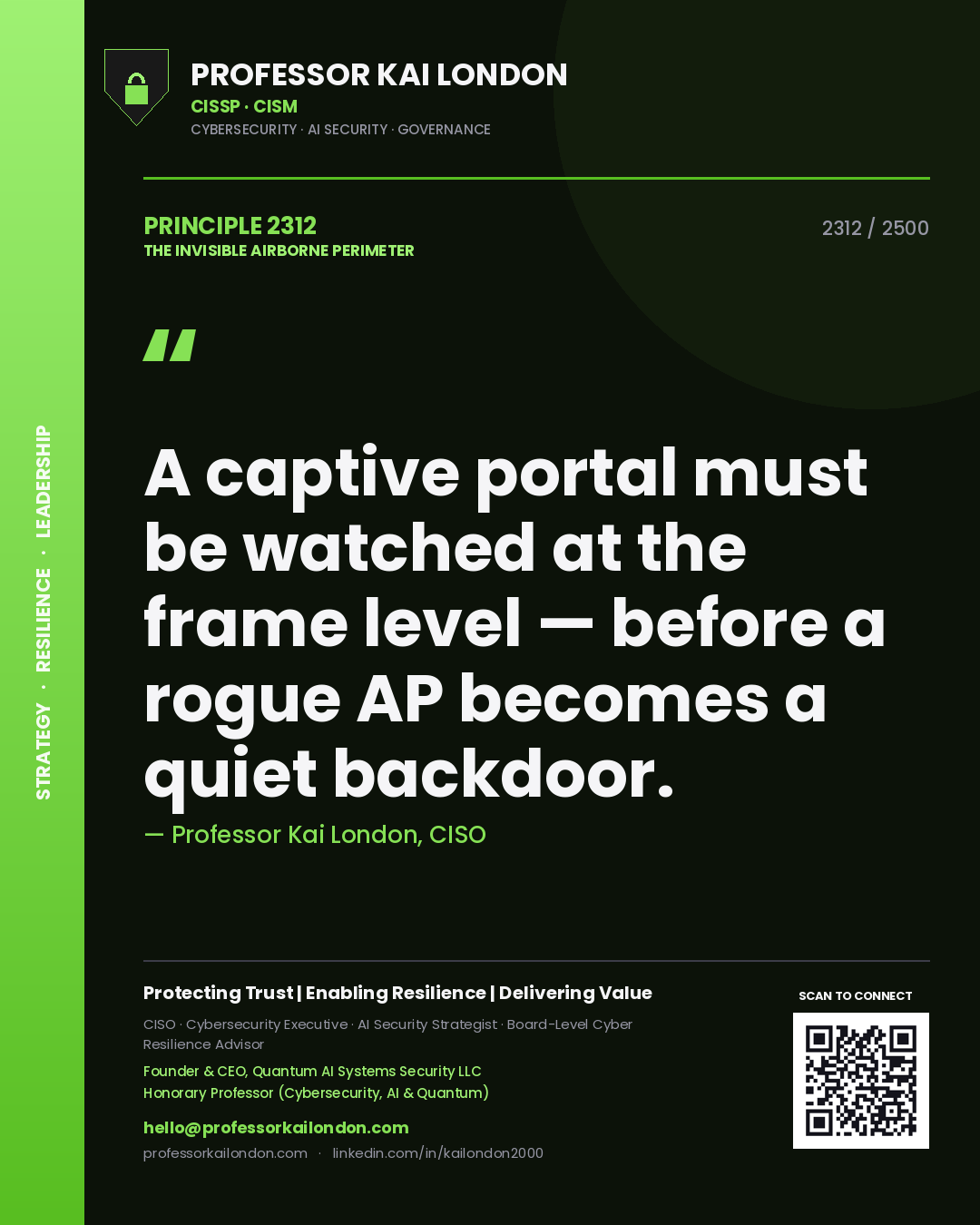 Quote card by Professor Kai London reading 'A captive portal must be watched at the frame level — before a rogue AP becomes a quiet backdoor.'. From the book The Invisible Airborne Perimeter.
