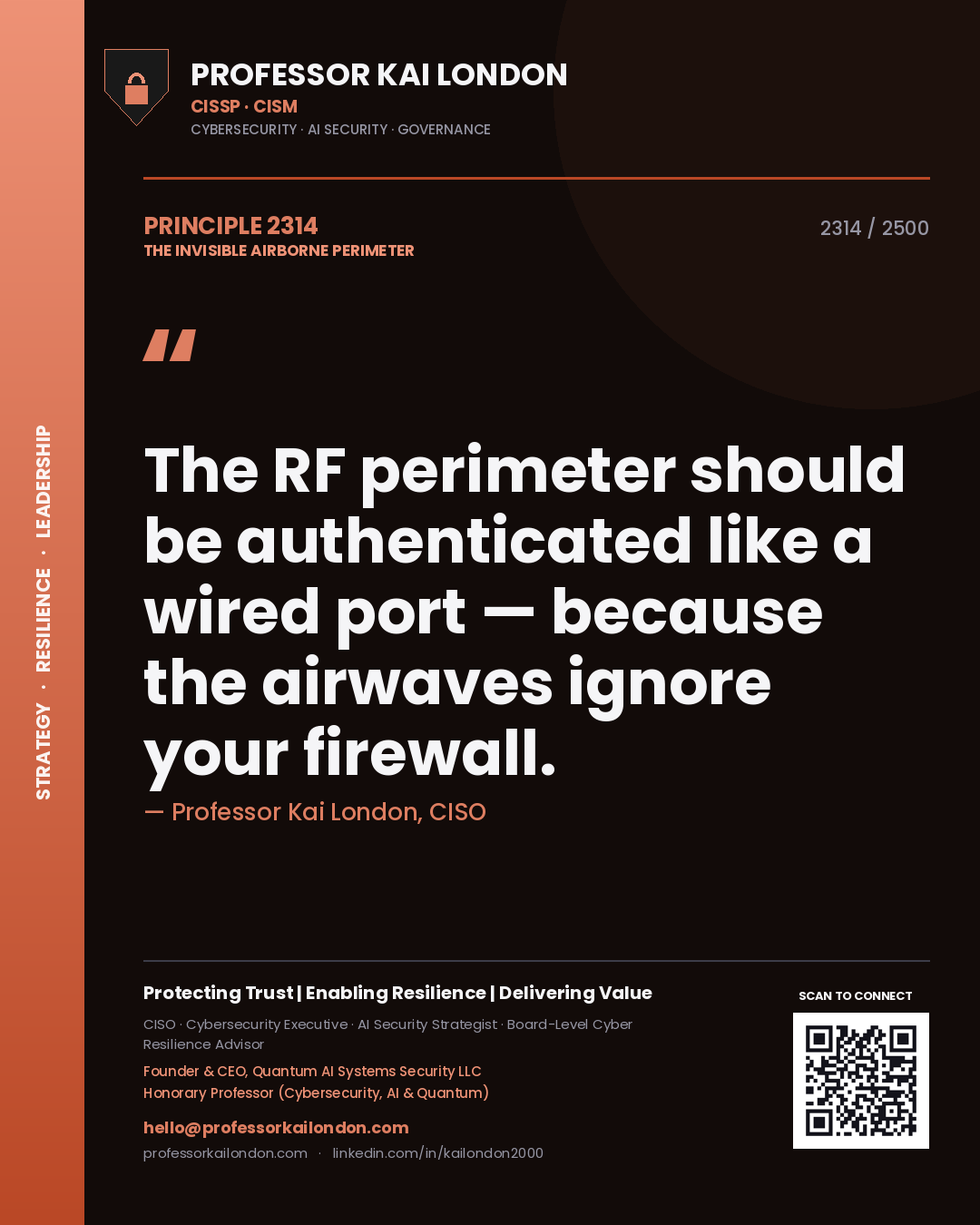 Quote card by Professor Kai London reading 'The RF perimeter should be authenticated like a wired port — because the airwaves ignore your firewall.'. From the book The Invisible Airborne Perimeter.