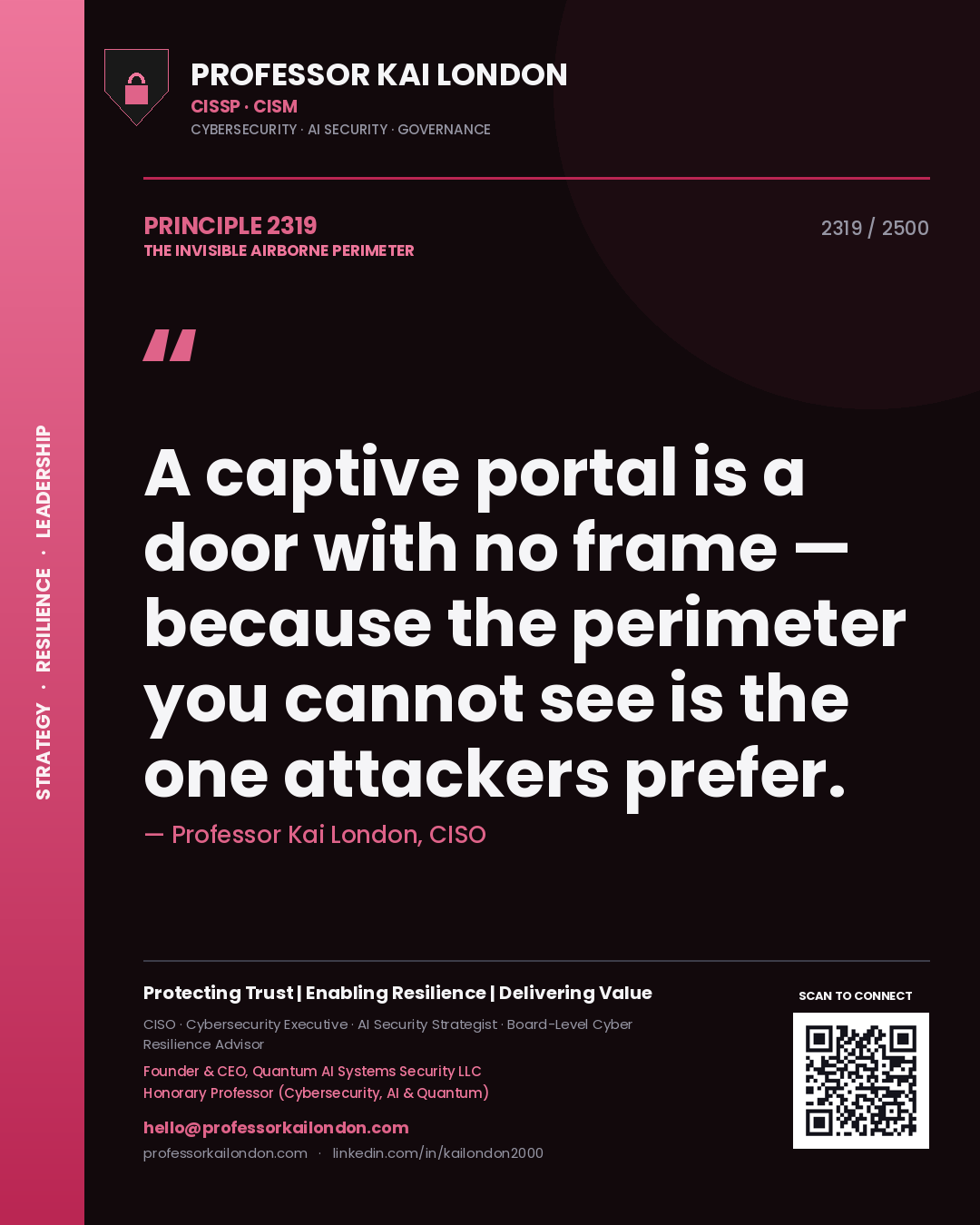 Quote card by Professor Kai London reading 'A captive portal is a door with no frame — because the perimeter you cannot see is the one attackers prefer.'. From the book The Invisible Airborne Perimeter.