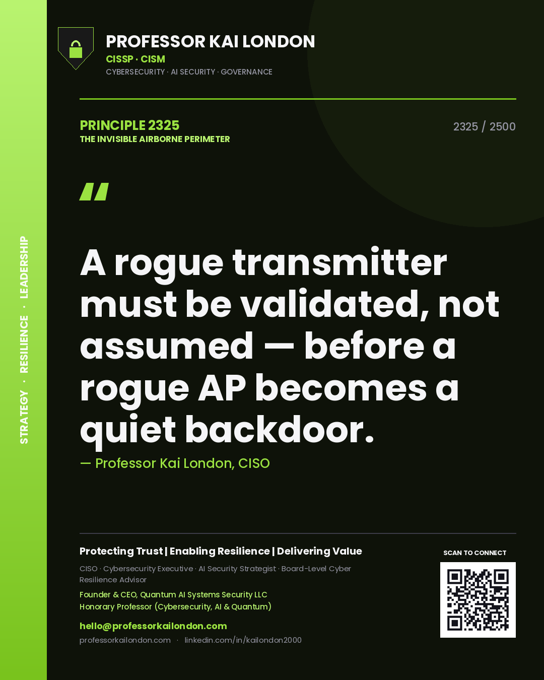 Quote card by Professor Kai London reading 'A rogue transmitter must be validated, not assumed — before a rogue AP becomes a quiet backdoor.'. From the book The Invisible Airborne Perimeter.