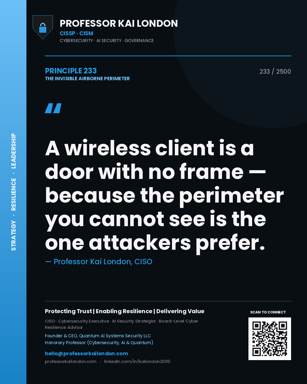 Professor Kai London principle 233: A wireless client is a door with no frame — because the perimeter you cannot see is the one attackers prefer.