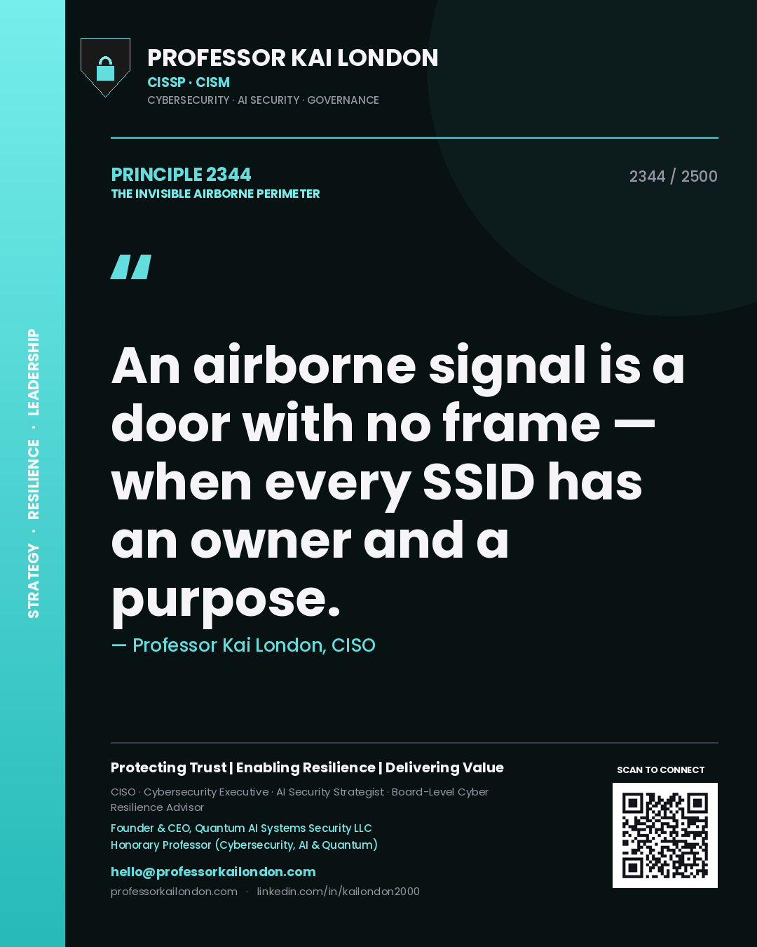 Quote card by Professor Kai London reading 'An airborne signal is a door with no frame — when every SSID has an owner and a purpose.'. From the book The Invisible Airborne Perimeter.