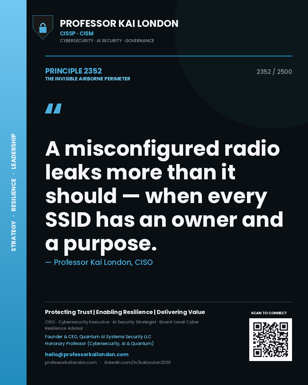 Quote card by Professor Kai London reading 'A misconfigured radio leaks more than it should — when every SSID has an owner and a purpose.'. From the book The Invisible Airborne Perimeter.