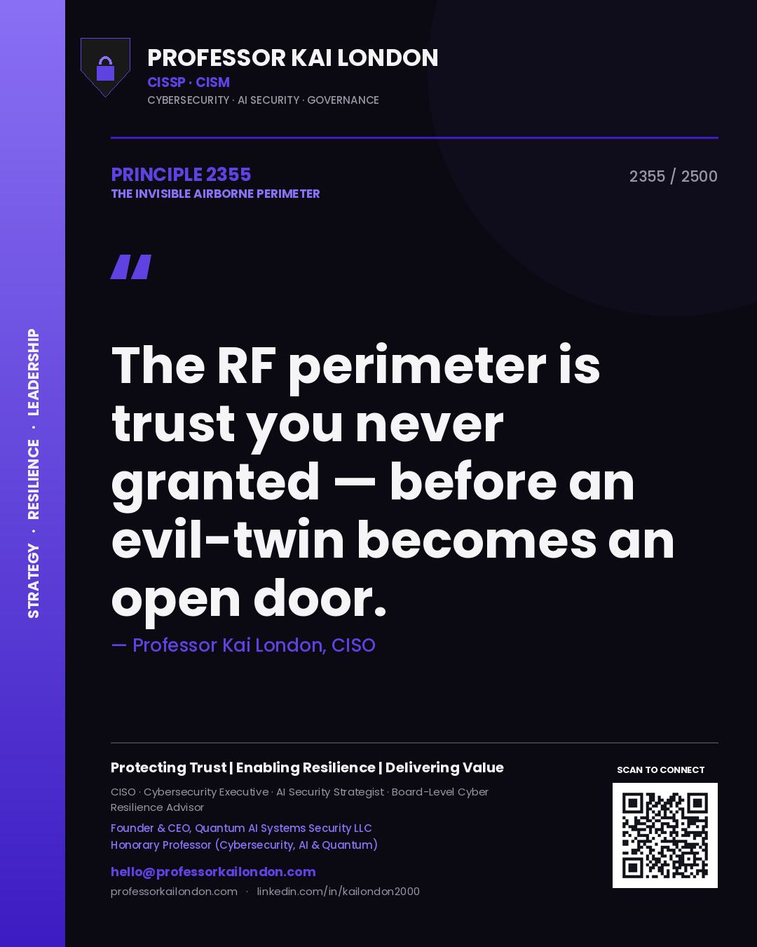 Professor Kai London principle 2355: The RF perimeter is trust you never granted — before an evil-twin becomes an open door.