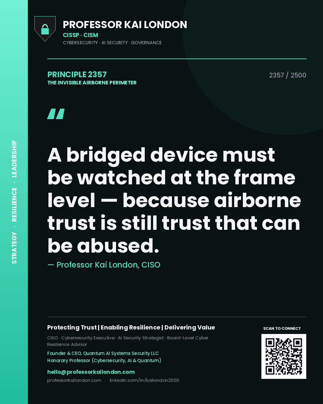 Quote card by Professor Kai London reading 'A bridged device must be watched at the frame level — because airborne trust is still trust that can be abused.'. From the book The Invisible Airborne Perimeter.