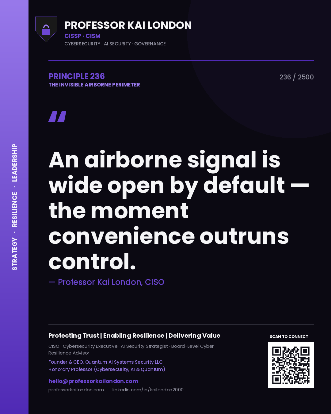 Professor Kai London principle 236: An airborne signal is wide open by default — the moment convenience outruns control.