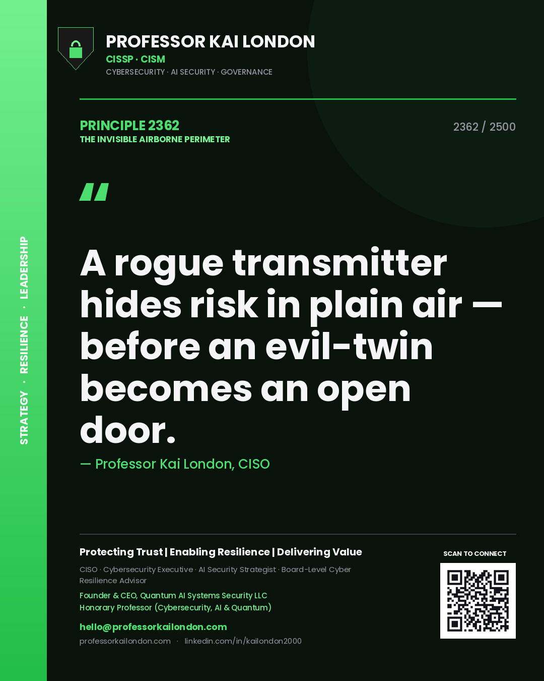 Quote card by Professor Kai London reading 'A rogue transmitter hides risk in plain air — before an evil-twin becomes an open door.'. From the book The Invisible Airborne Perimeter.