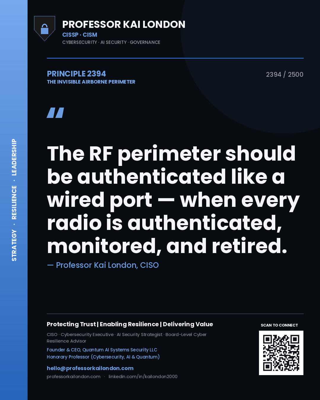 Quote card by Professor Kai London reading 'The RF perimeter should be authenticated like a wired port — when every radio is authenticated, monitored, and retired.'. From the book The Invisible Airborne Perimeter.