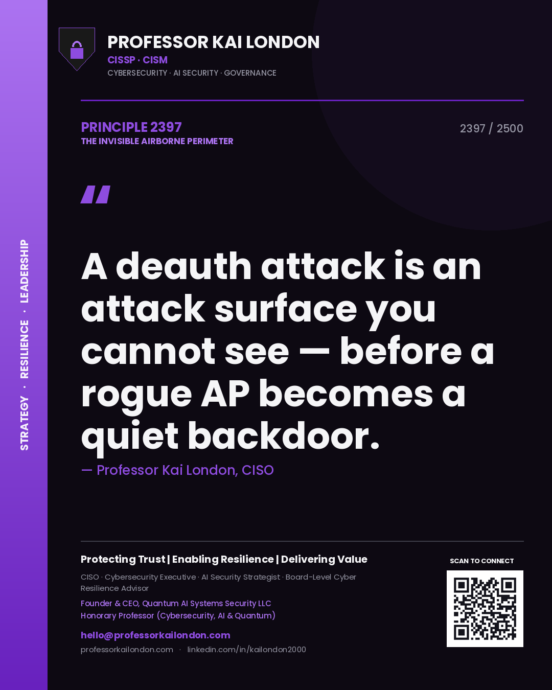Quote card by Professor Kai London reading 'A deauth attack is an attack surface you cannot see — before a rogue AP becomes a quiet backdoor.'. From the book The Invisible Airborne Perimeter.