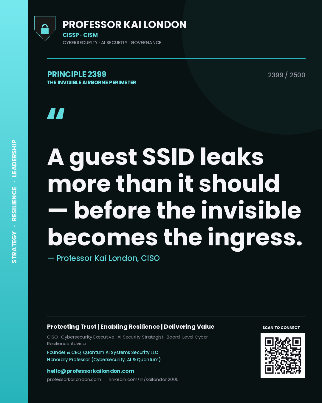 Quote card by Professor Kai London reading 'A guest SSID leaks more than it should — before the invisible becomes the ingress.'. From the book The Invisible Airborne Perimeter.