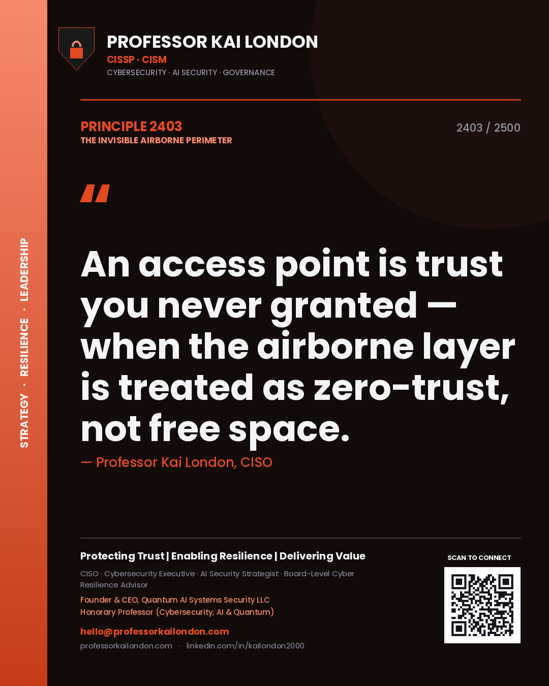 Quote card by Professor Kai London reading 'An access point is trust you never granted — when the airborne layer is treated as zero-trust, not free space.'. From the book The Invisible Airborne Perimeter.