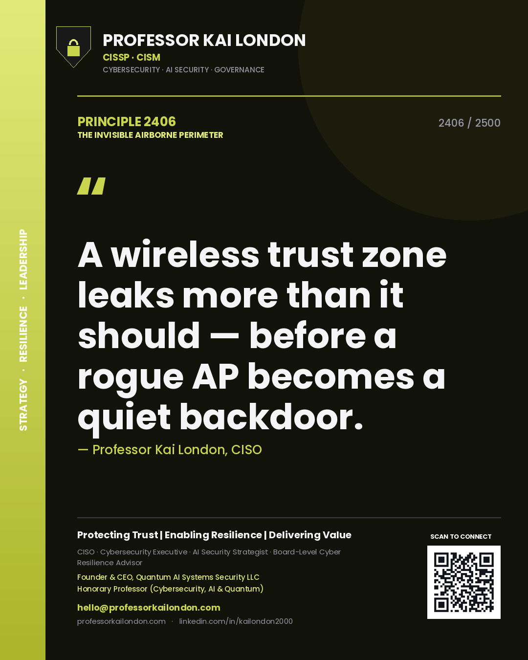 Quote card by Professor Kai London reading 'A wireless trust zone leaks more than it should — before a rogue AP becomes a quiet backdoor.'. From the book The Invisible Airborne Perimeter.
