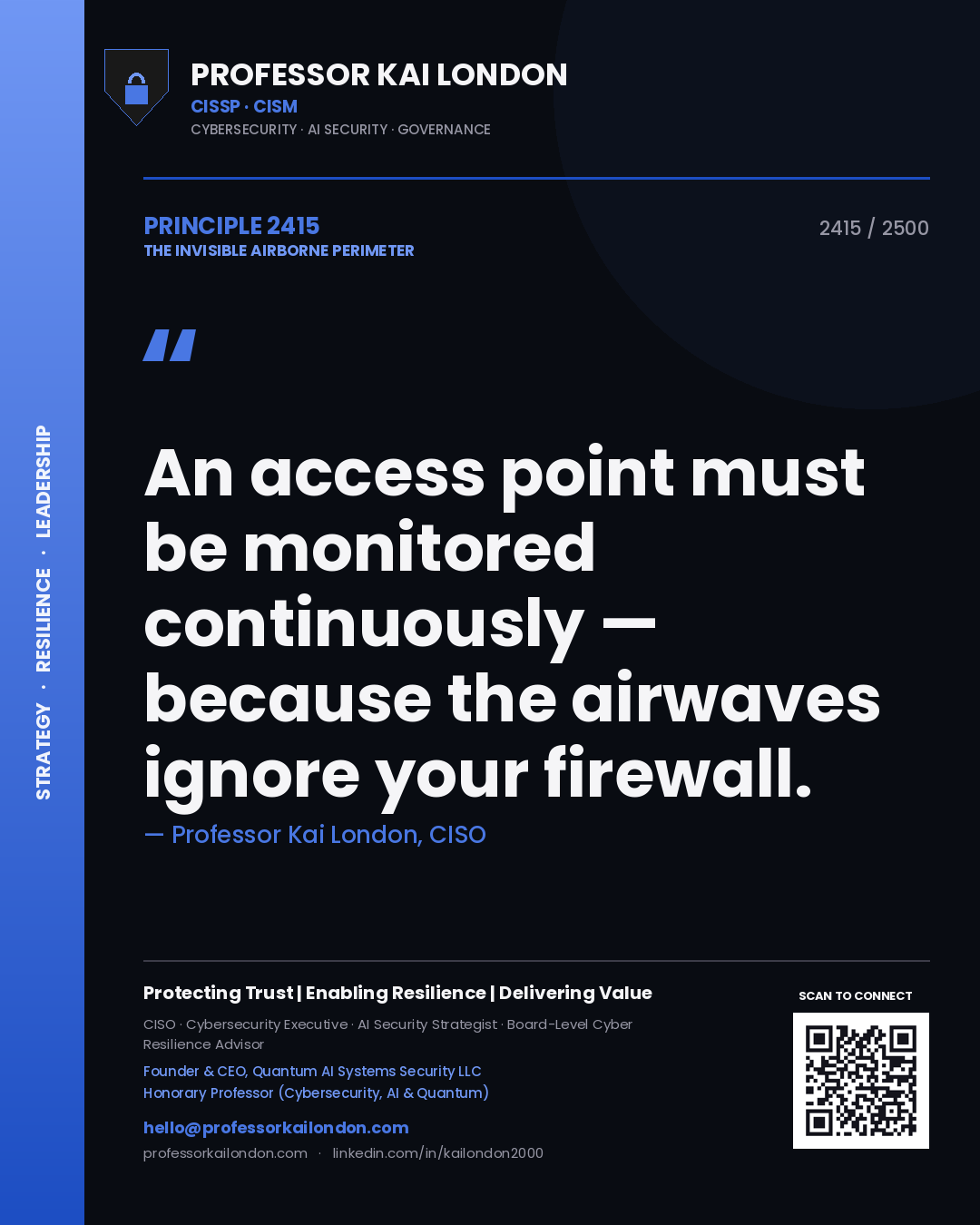 Quote card by Professor Kai London reading 'An access point must be monitored continuously — because the airwaves ignore your firewall.'. From the book The Invisible Airborne Perimeter.