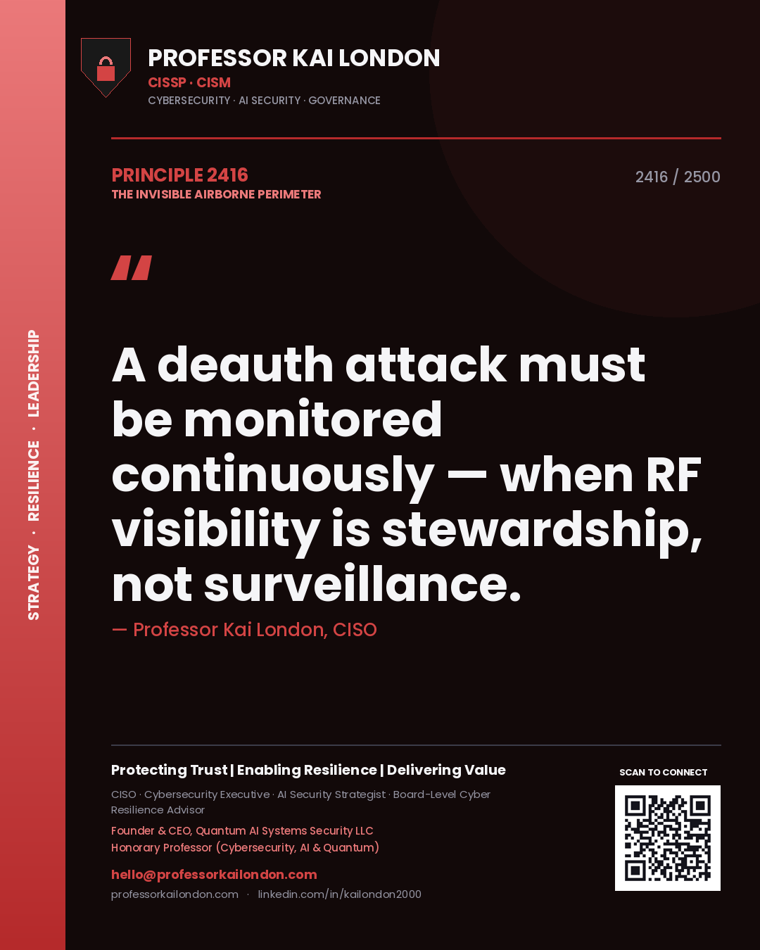 Quote card by Professor Kai London reading 'A deauth attack must be monitored continuously — when RF visibility is stewardship, not surveillance.'. From the book The Invisible Airborne Perimeter.