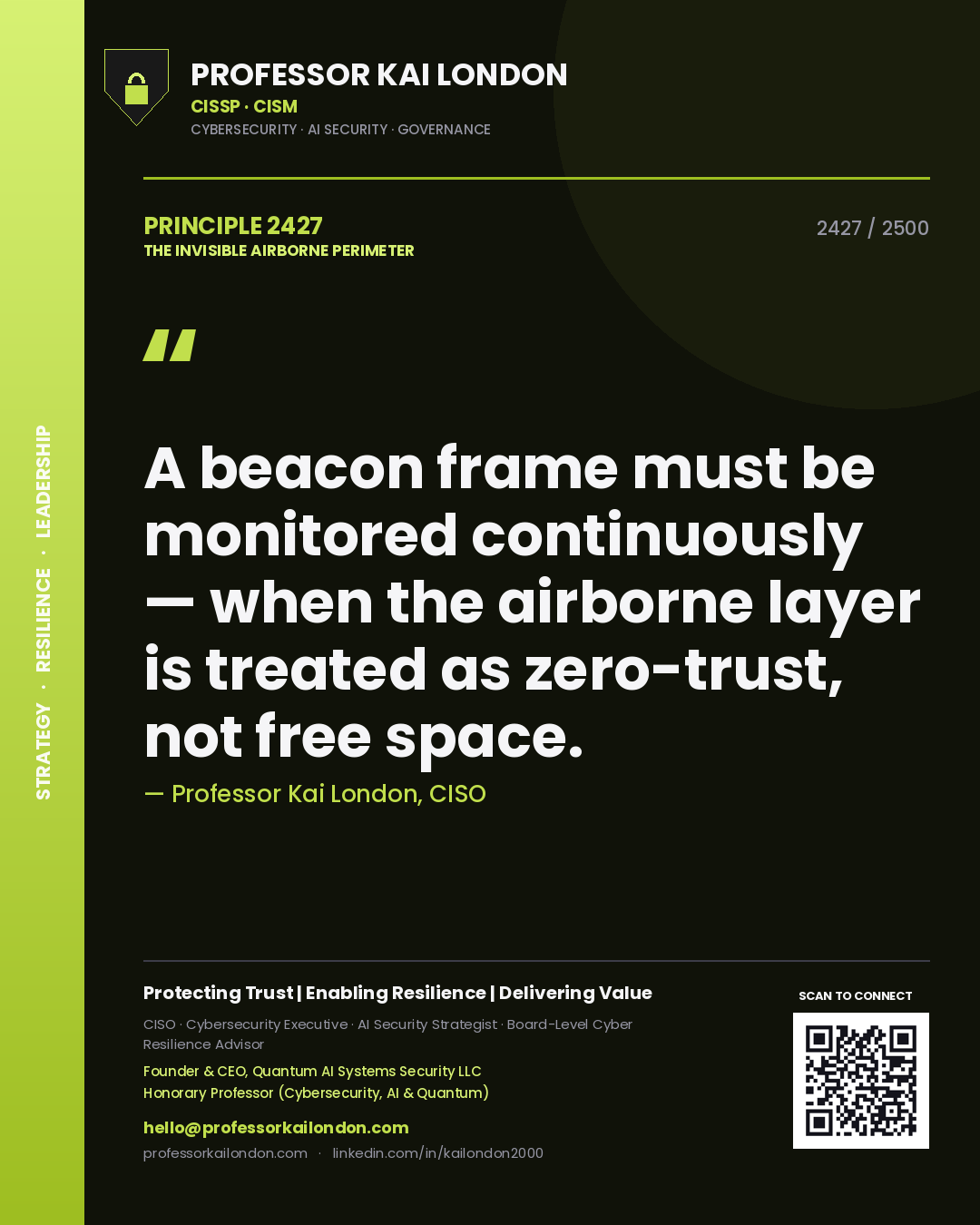 Quote card by Professor Kai London reading 'A beacon frame must be monitored continuously — when the airborne layer is treated as zero-trust, not free space.'. From the book The Invisible Airborne Perimeter.