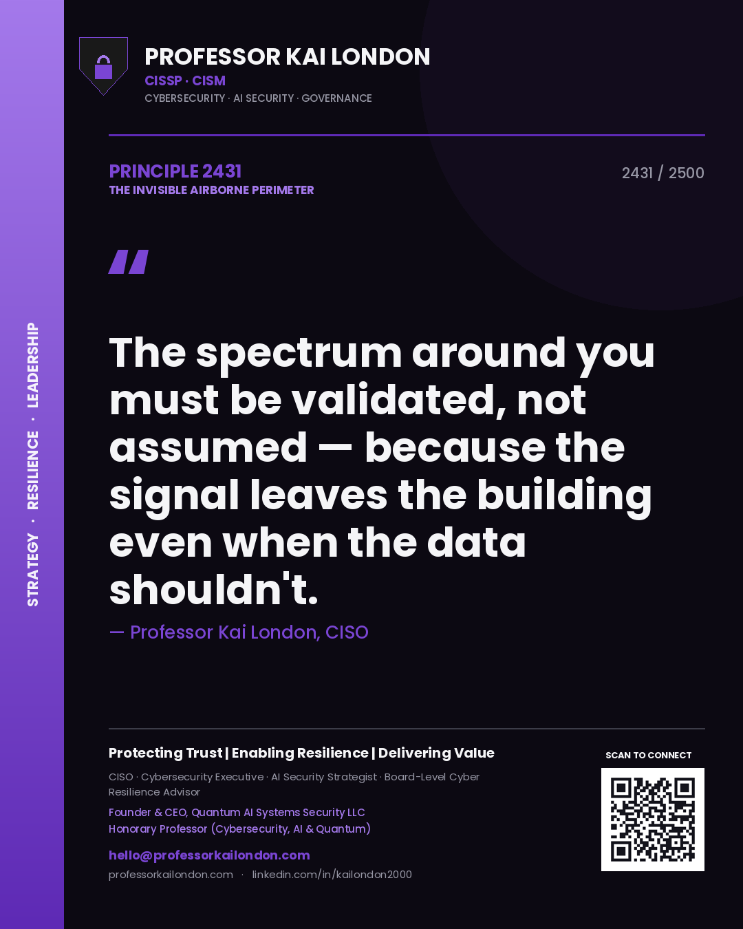 Quote card by Professor Kai London reading 'The spectrum around you must be validated, not assumed — because the signal leaves the building even when the data shouldn't.'. From the book The Invisible Airborne Perimeter.
