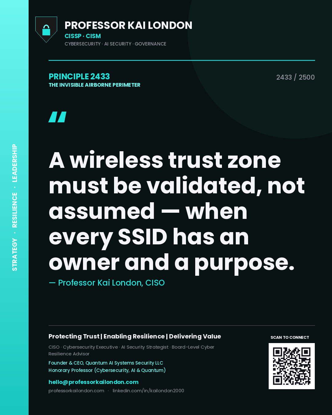 Quote card by Professor Kai London reading 'A wireless trust zone must be validated, not assumed — when every SSID has an owner and a purpose.'. From the book The Invisible Airborne Perimeter.